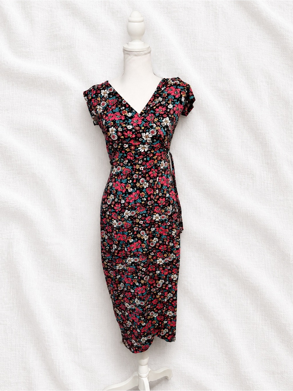 Rebel Sugar Black Midi Wrap Dress with Pink & Teal Floral